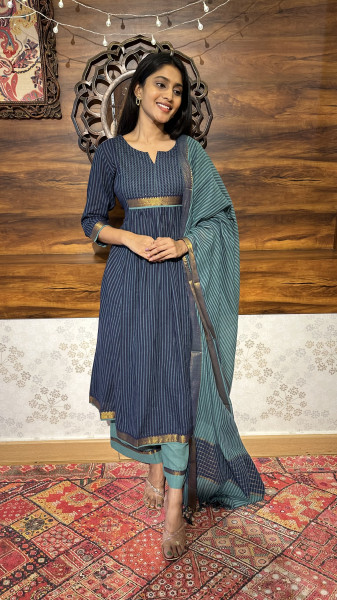 Blue soft Chanderi Mangalgiri Three piece set