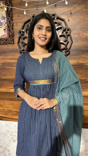 Blue soft Chanderi Mangalgiri Three piece set