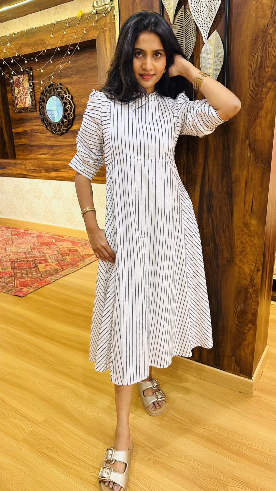 Image of Pure cotton A line Dress with crinkled sleeves