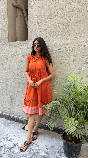 Mul cotton Jamdani Dress with pockets and 3/4 sleeves