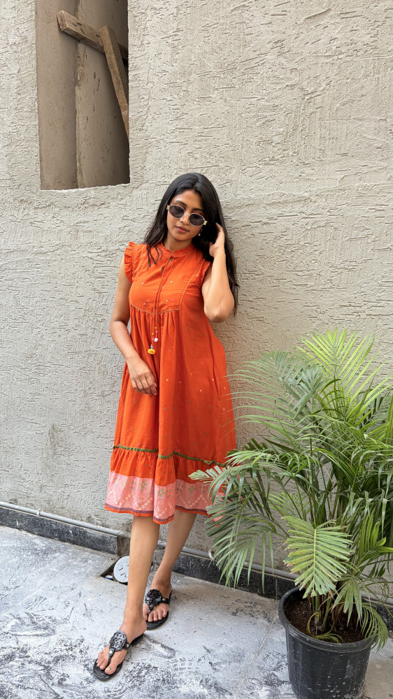 Image of Mul cotton Jamdani Dress with pockets and 3/4 sleeves