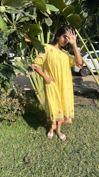 Yellow Jamdani Dress with attached lining