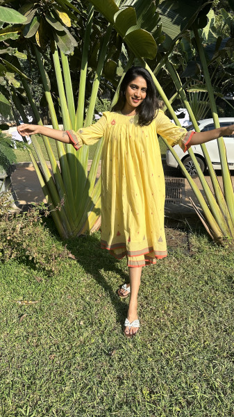 Yellow Jamdani Dress with attached lining