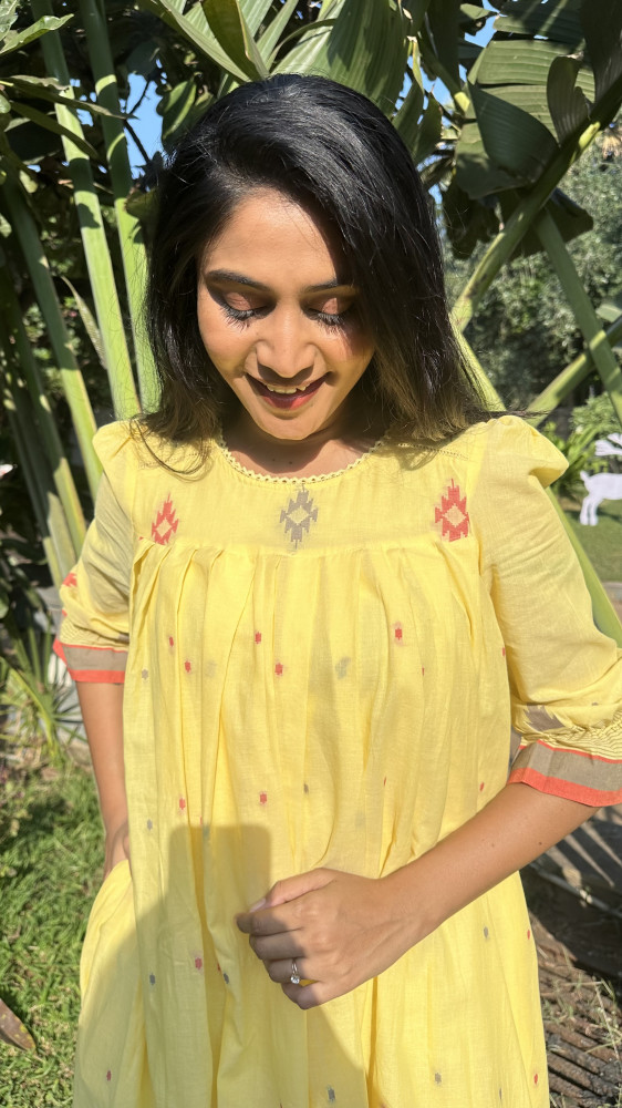 Image of Yellow Jamdani Dress with attached lining