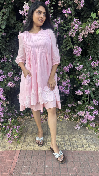 Mul cotton embroidered & appliqué detailed double layered Dress