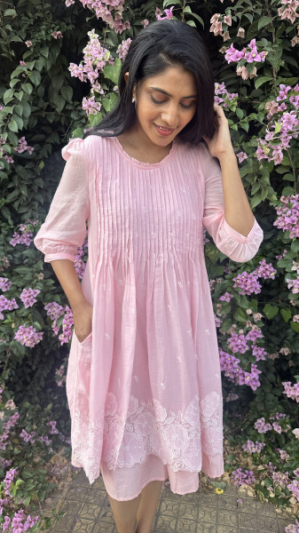 Mul cotton embroidered & appliqué detailed double layered Dress