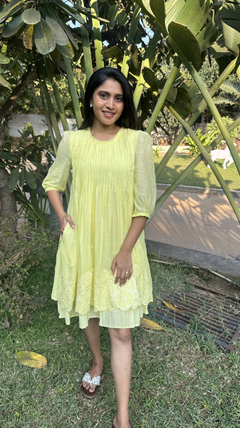 Mul cotton embroidered & appliqué detailed double layered Dress