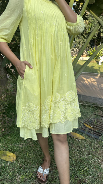 Mul cotton embroidered & appliqué detailed double layered Dress