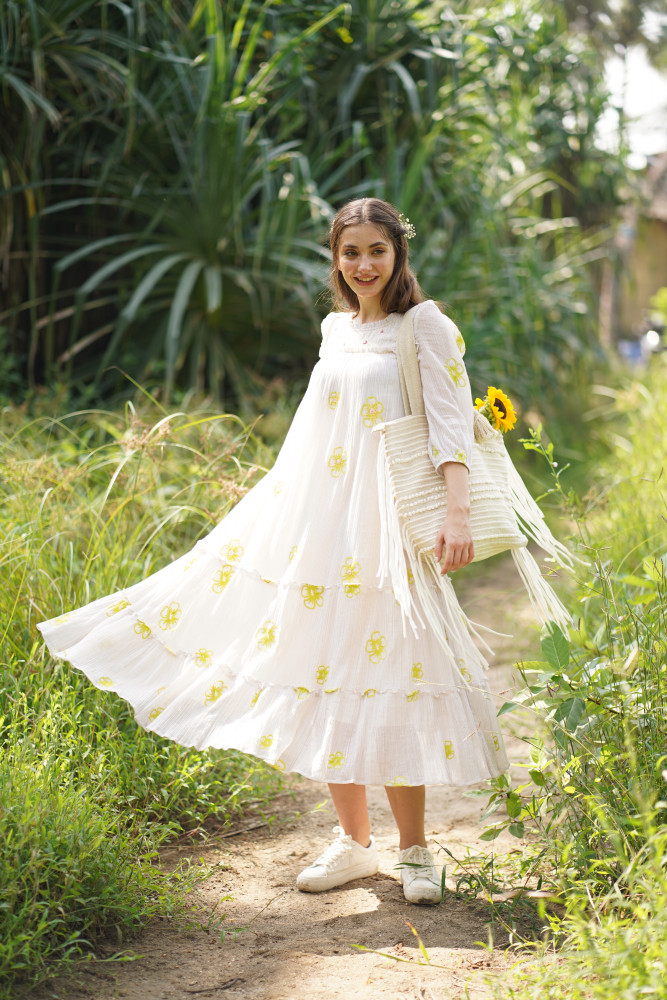 Image of Crushed cotton front &amp; back embroidered Dress