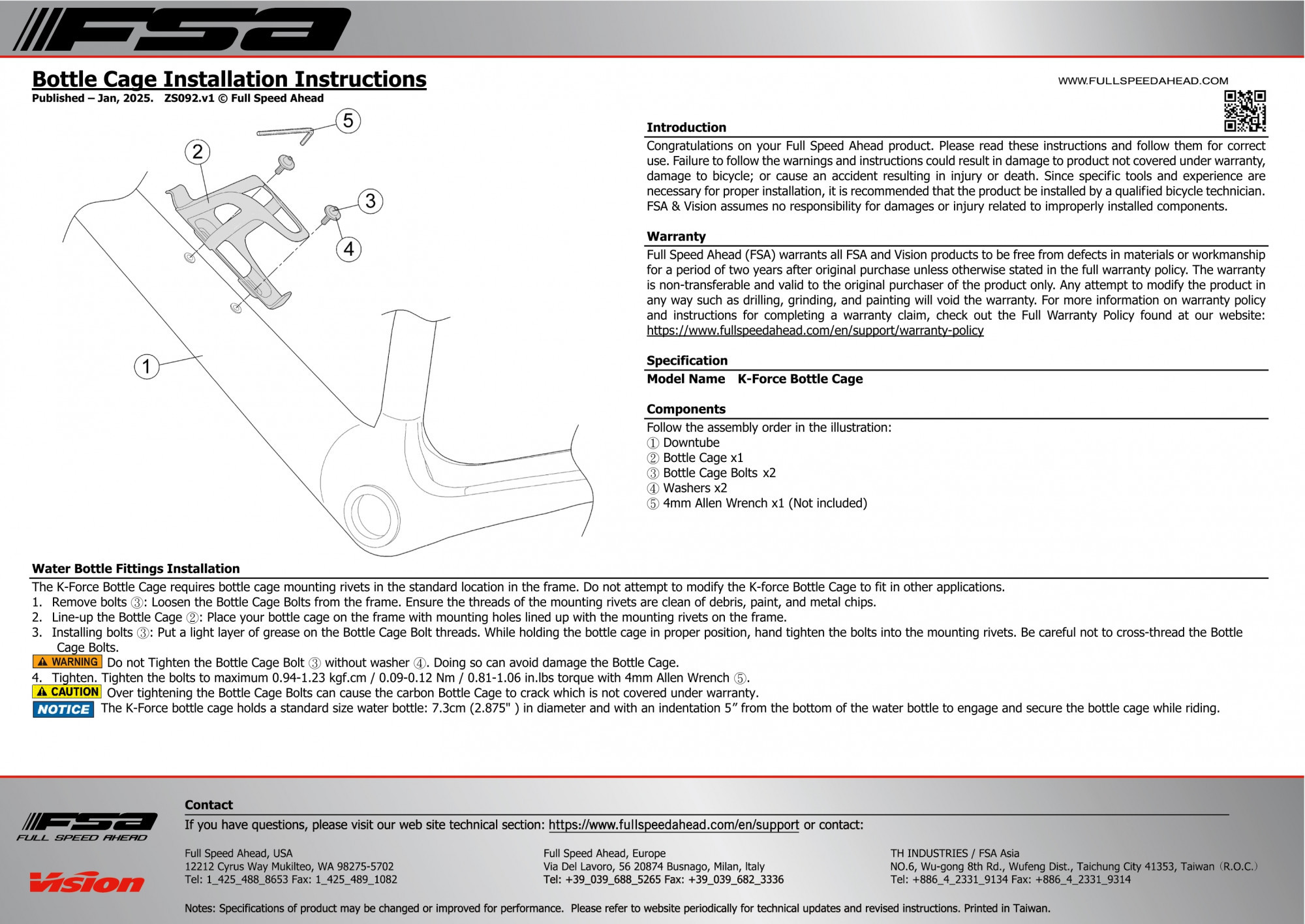 FSA K-FORCE BOTTLE CAGE V18 - CARBON