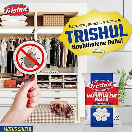 Trishul naphthalene balls used as a moth protection solution in wardrobe for clothes