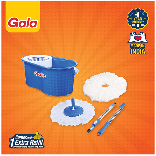 Gala Smart Spin Mop with Wring Bucket Plastic Blue Two Refills