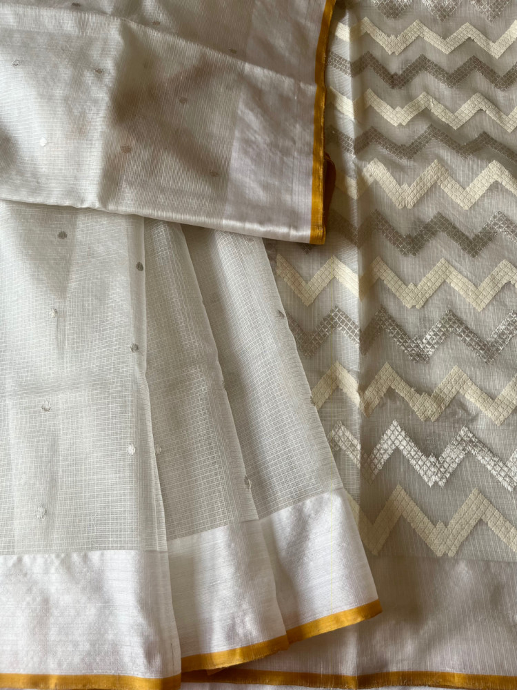 Image of Kota Doria pure silk handloom saree, with silver zari