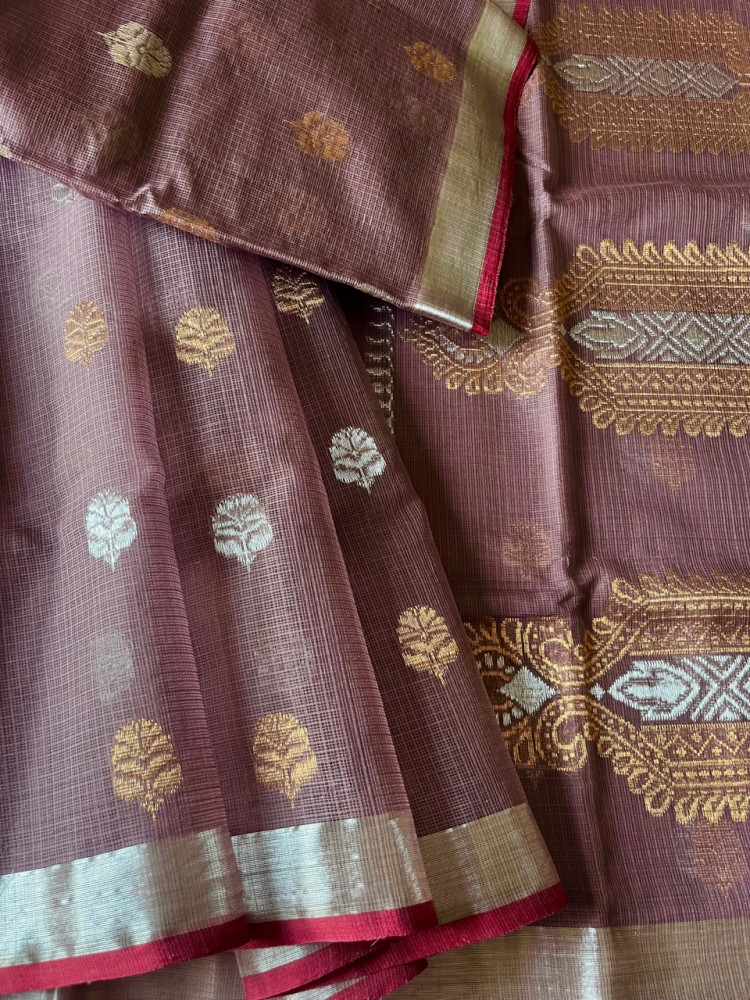 Image of Kota Doria cotton-silk handloom saree, with silver zari