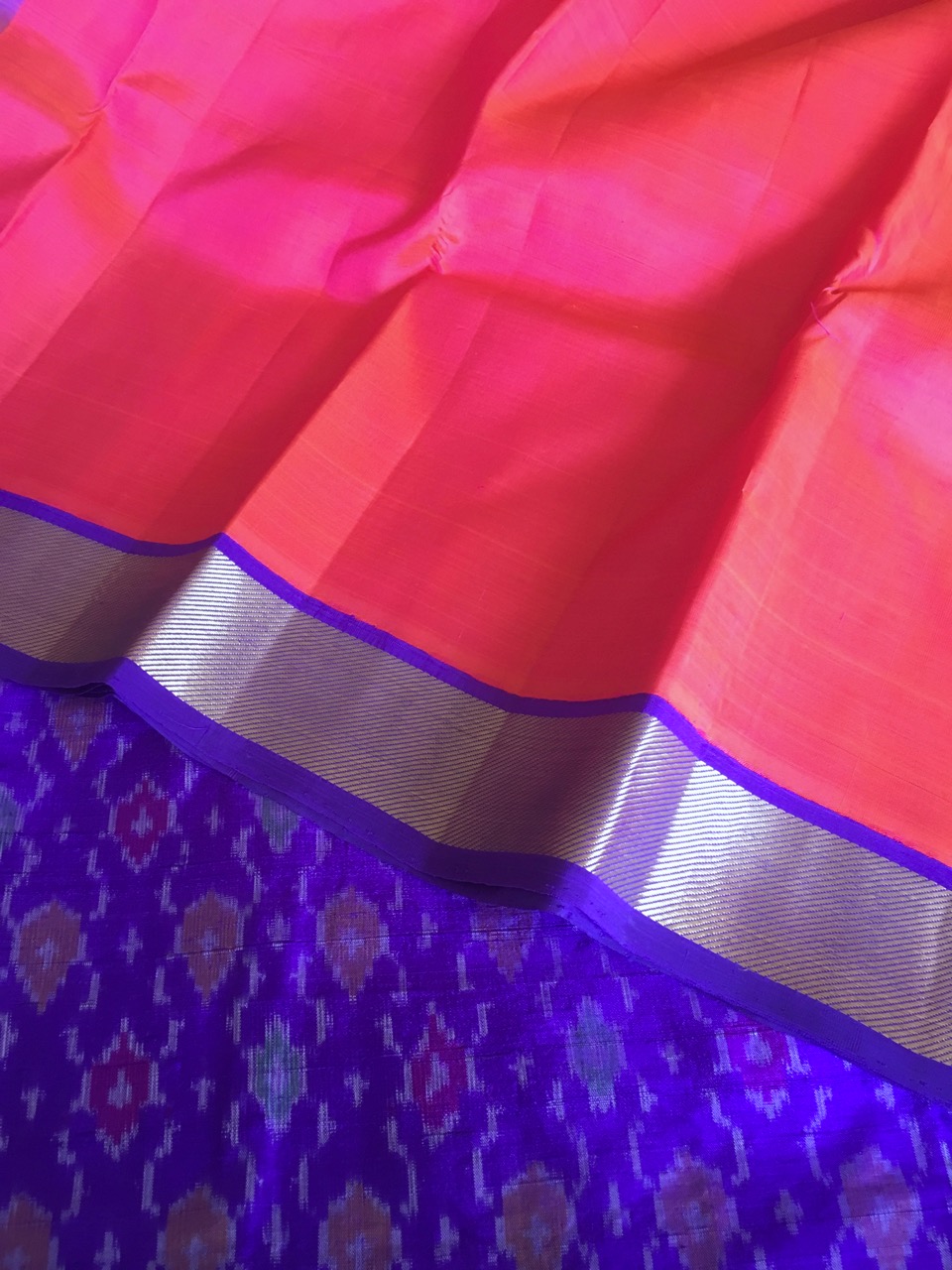 Kanchipuram silk handloom saree with Ikat blouse fabric