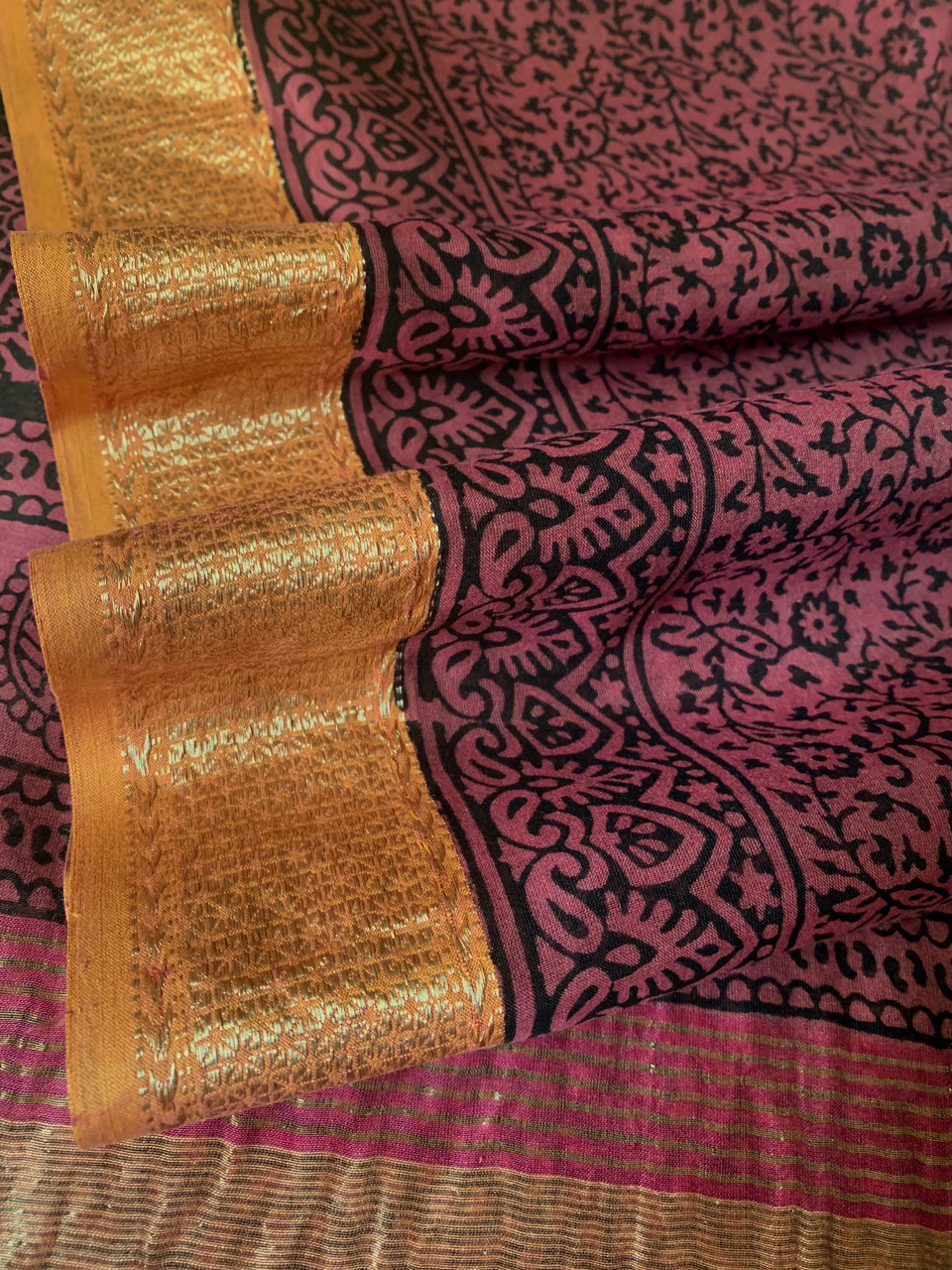 Bagh hand block printed Maheshwari handloom saree