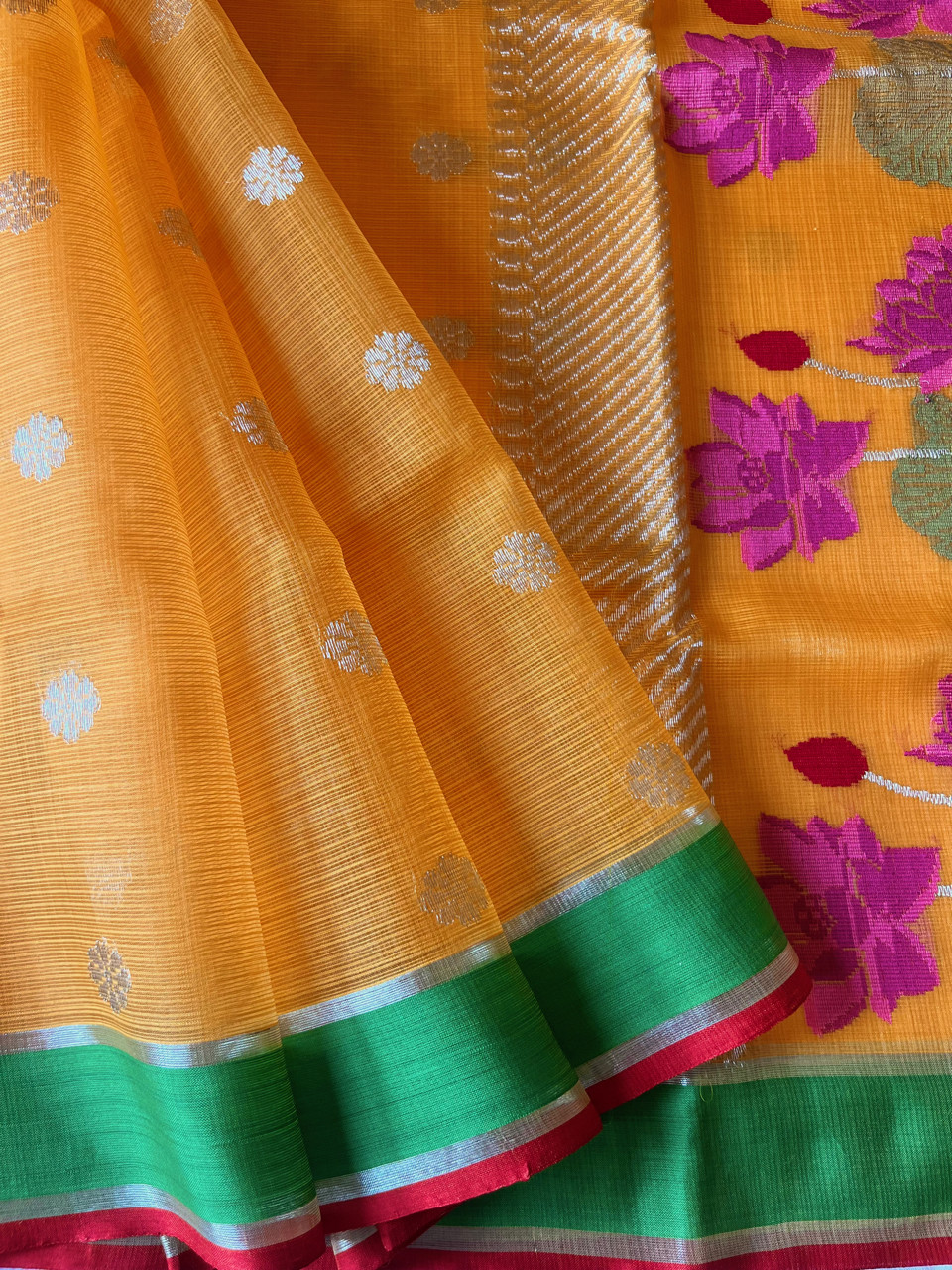 Kota Doria cotton-silk handloom saree with silver zari