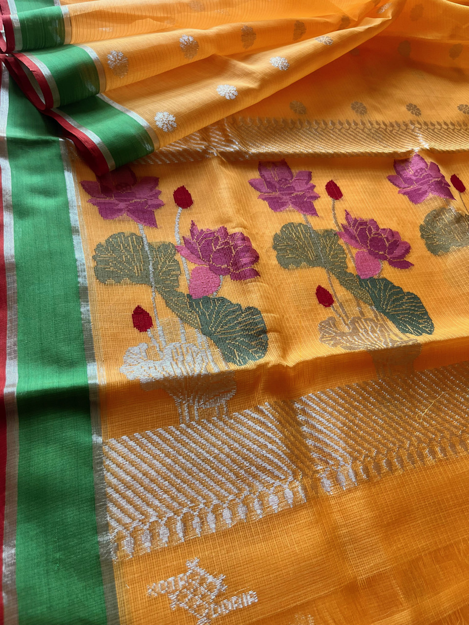 Kota Doria cotton-silk handloom saree with silver zari