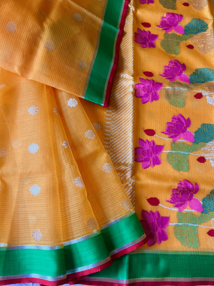 Image of Kota Doria cotton-silk handloom saree, with silver zari