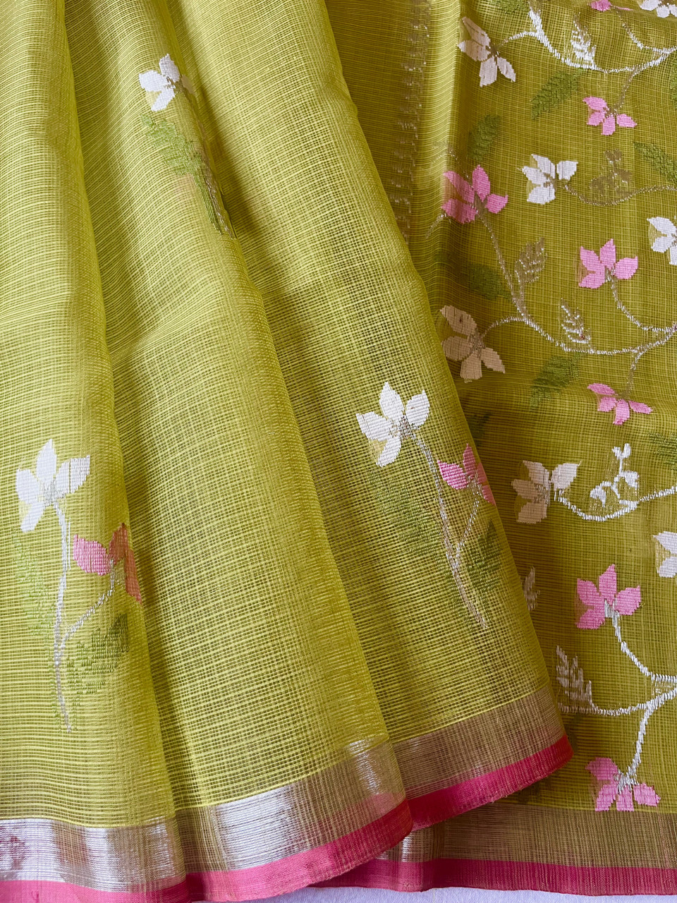 Kota Doria cotton-silk handloom saree with silver zari