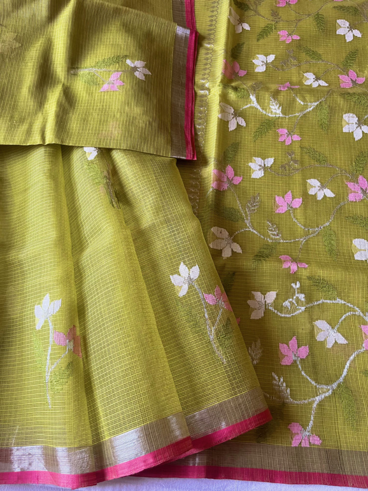 Image of Kota Doria cotton-silk handloom saree, with silver zari