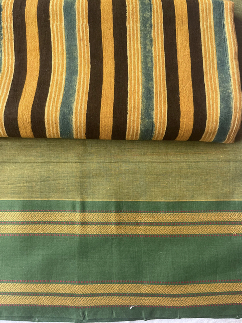 Andhra cotton handloom saree with Ajrakh block printed blouse piece