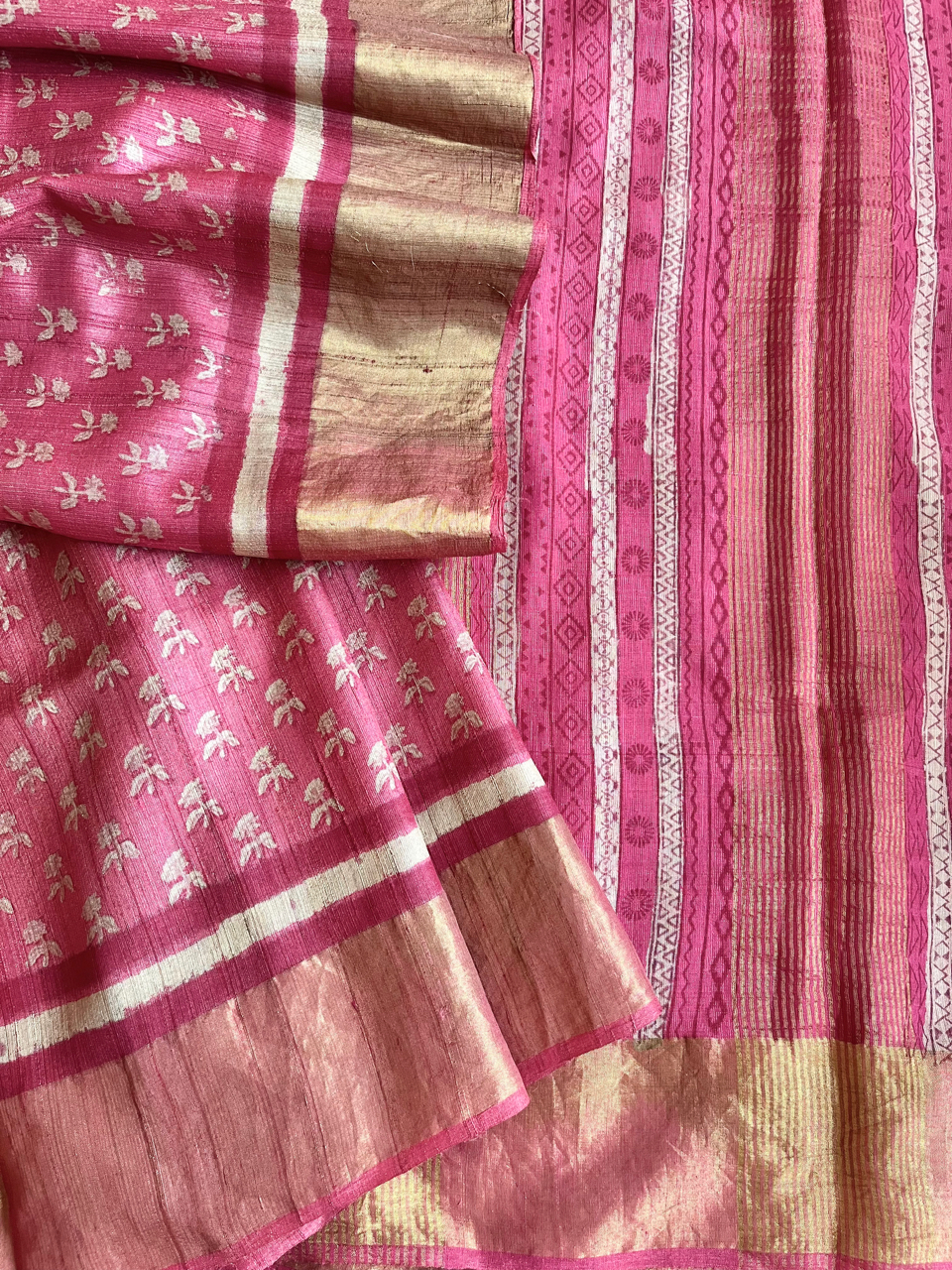 Bagru hand block printed Tussar silk saree