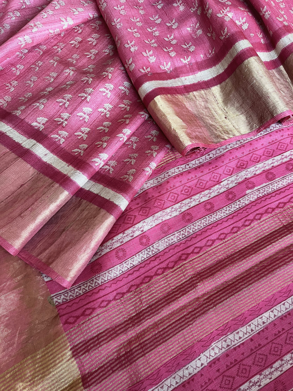 Bagru hand block printed Tussar silk saree
