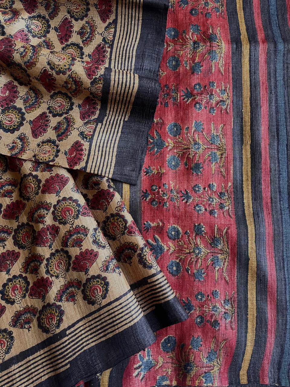 Bagru hand block printed Tussar silk saree