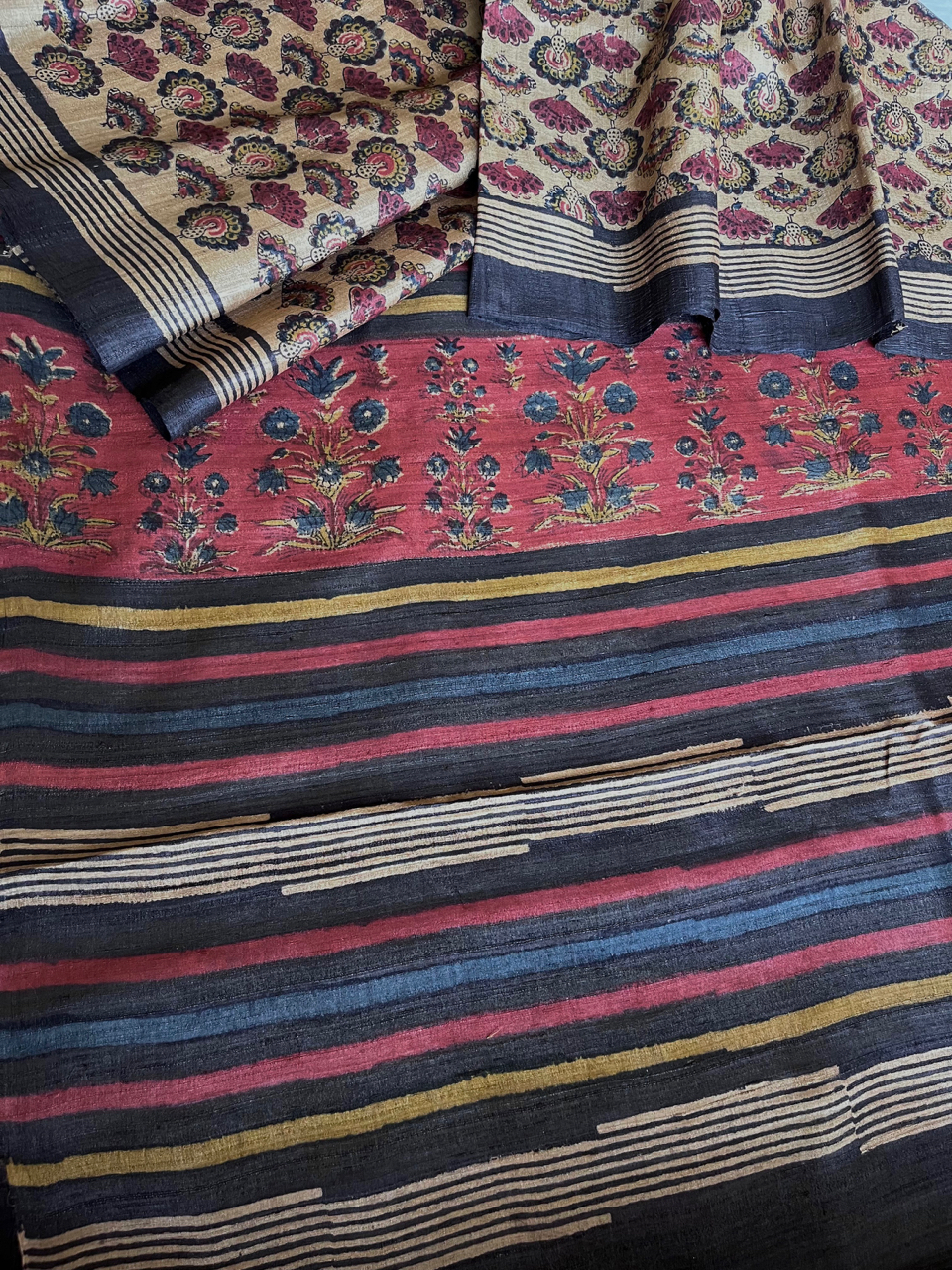 Bagru hand block printed Tussar silk saree