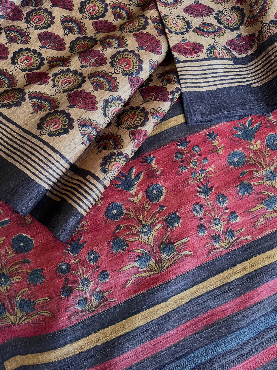 Bagru hand block printed Tussar silk saree