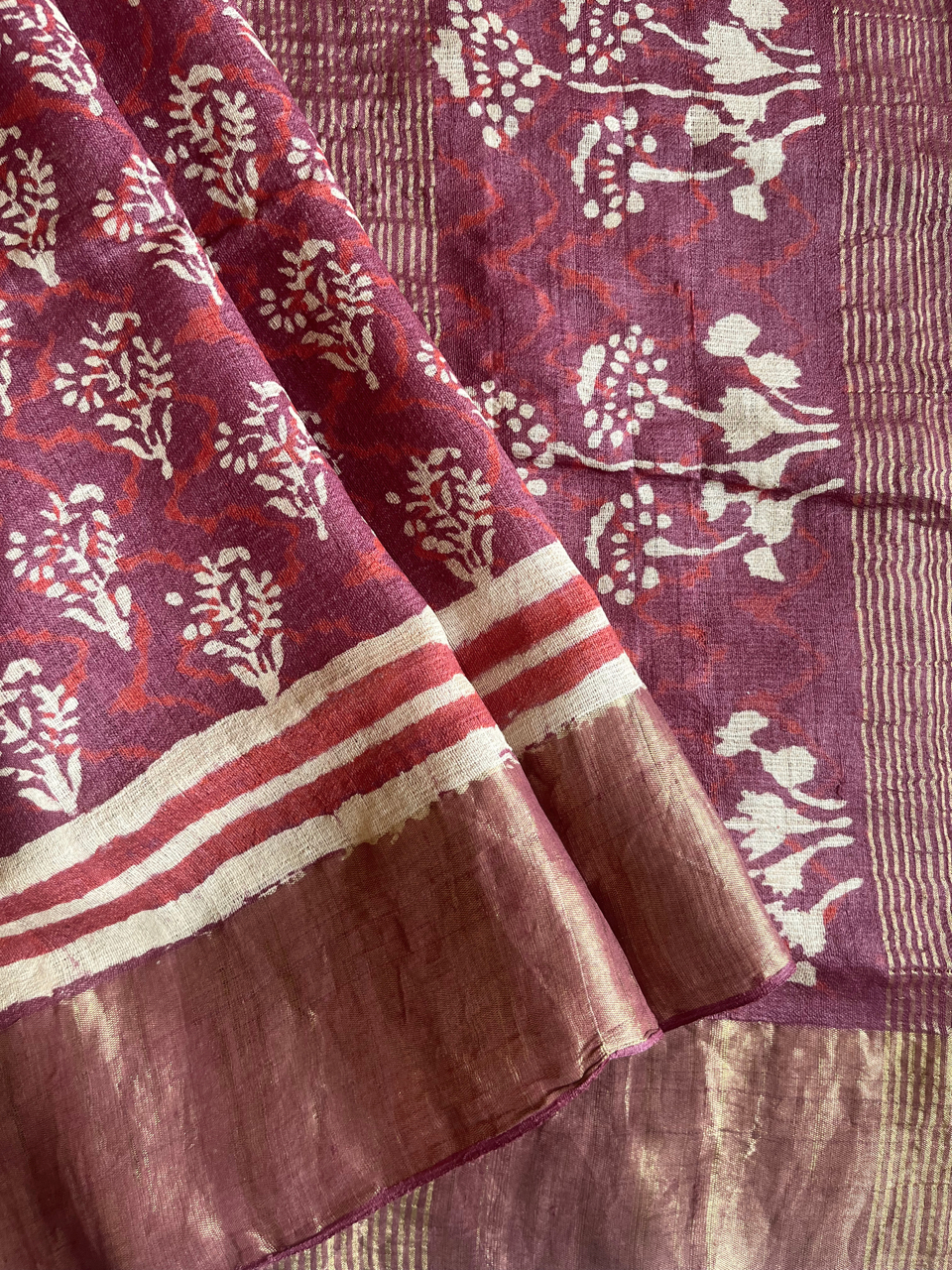 Bagru hand block printed Tussar silk saree