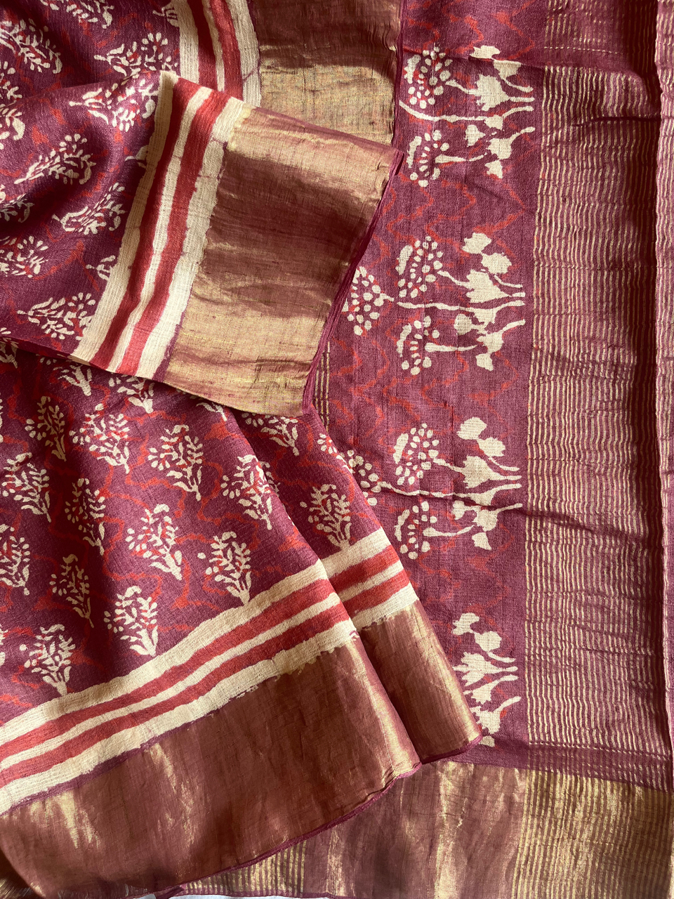 Bagru hand block printed Tussar silk saree