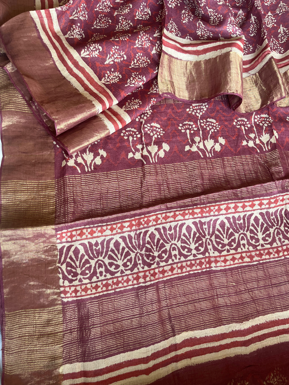 Bagru hand block printed Tussar silk saree