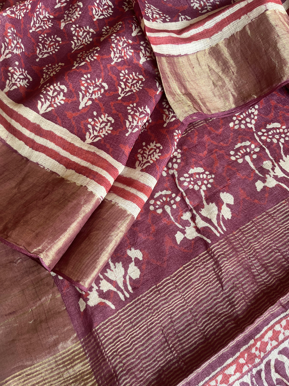 Bagru hand block printed Tussar silk saree