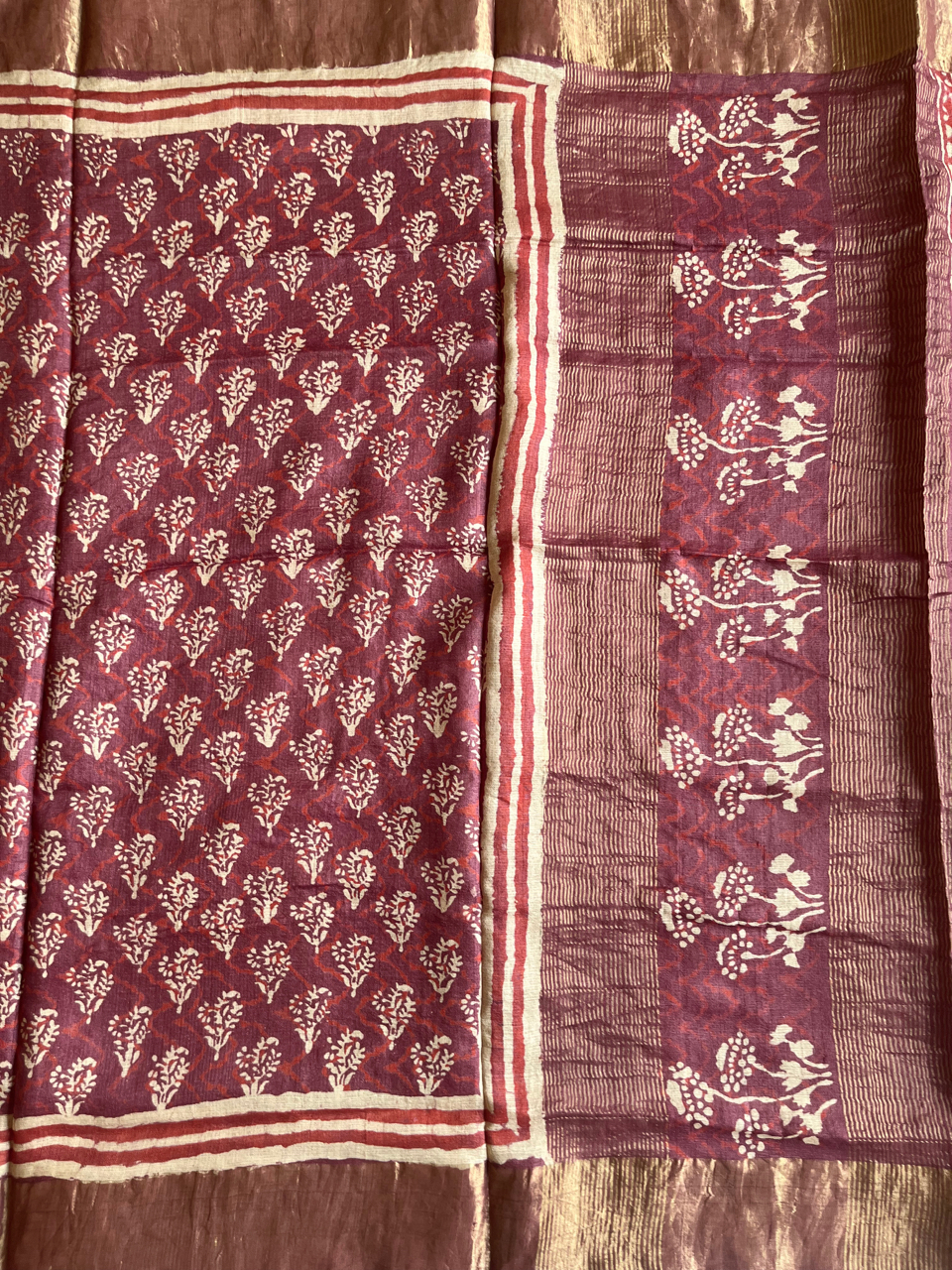 Bagru hand block printed Tussar silk saree