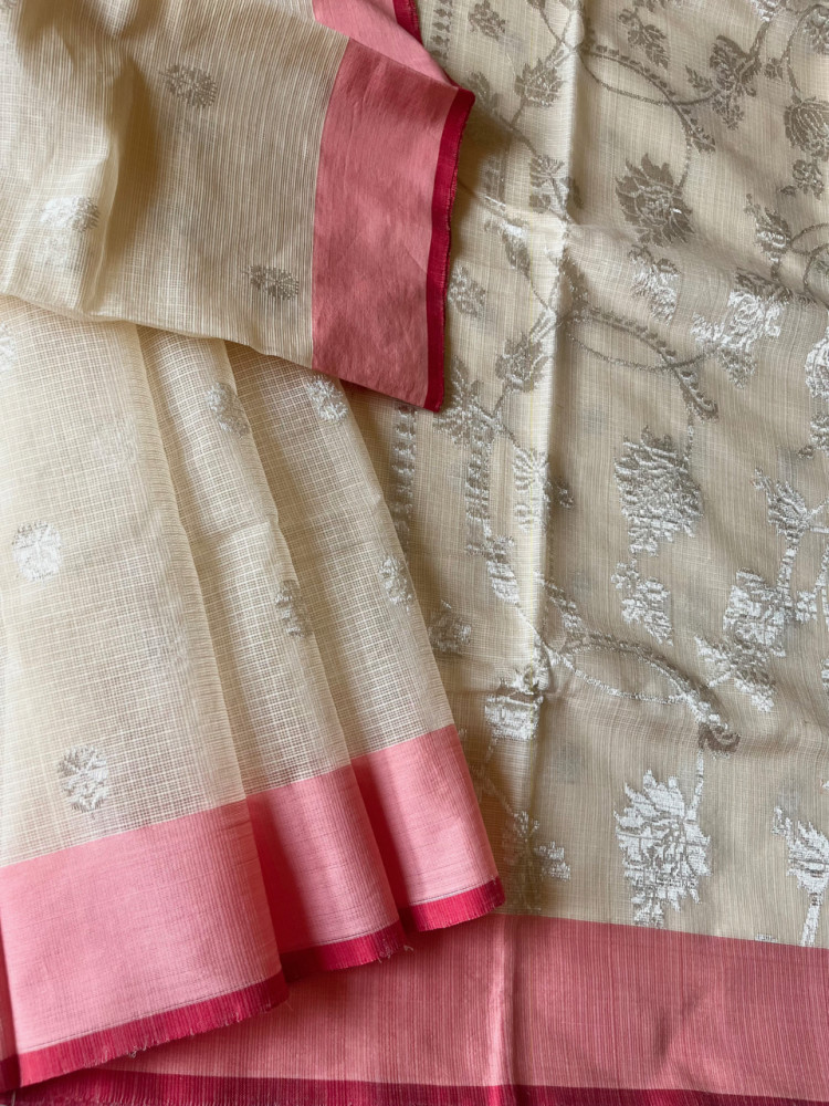 Image of Kota Doria cotton-silk handloom saree, with silver zari