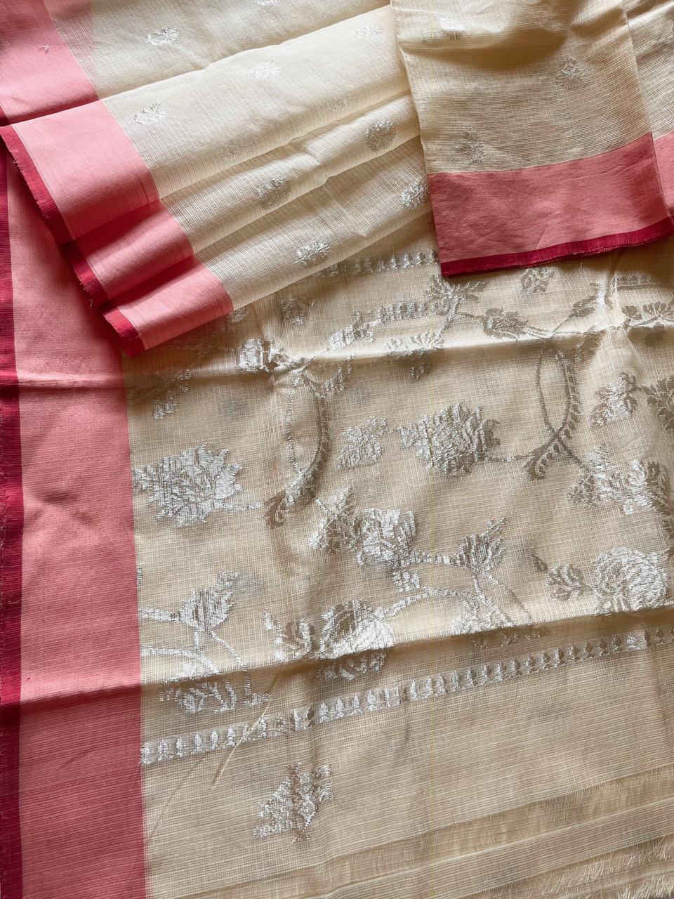Kota Doria cotton-silk handloom saree with silver zari