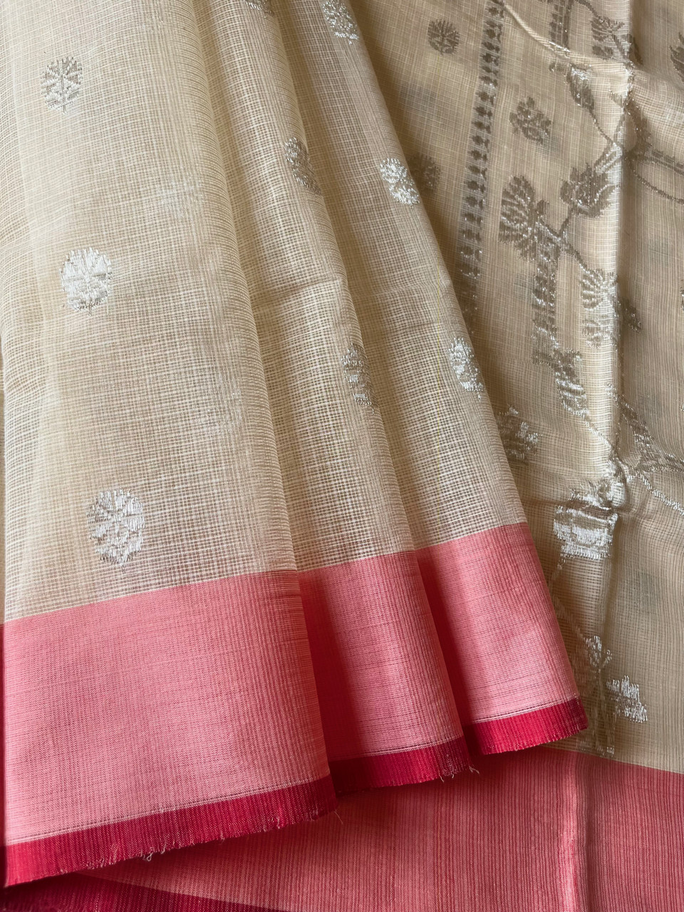 Kota Doria cotton-silk handloom saree with silver zari