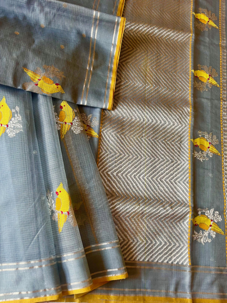 Image of Kota Doria cotton-silk handloom saree, with silver zari