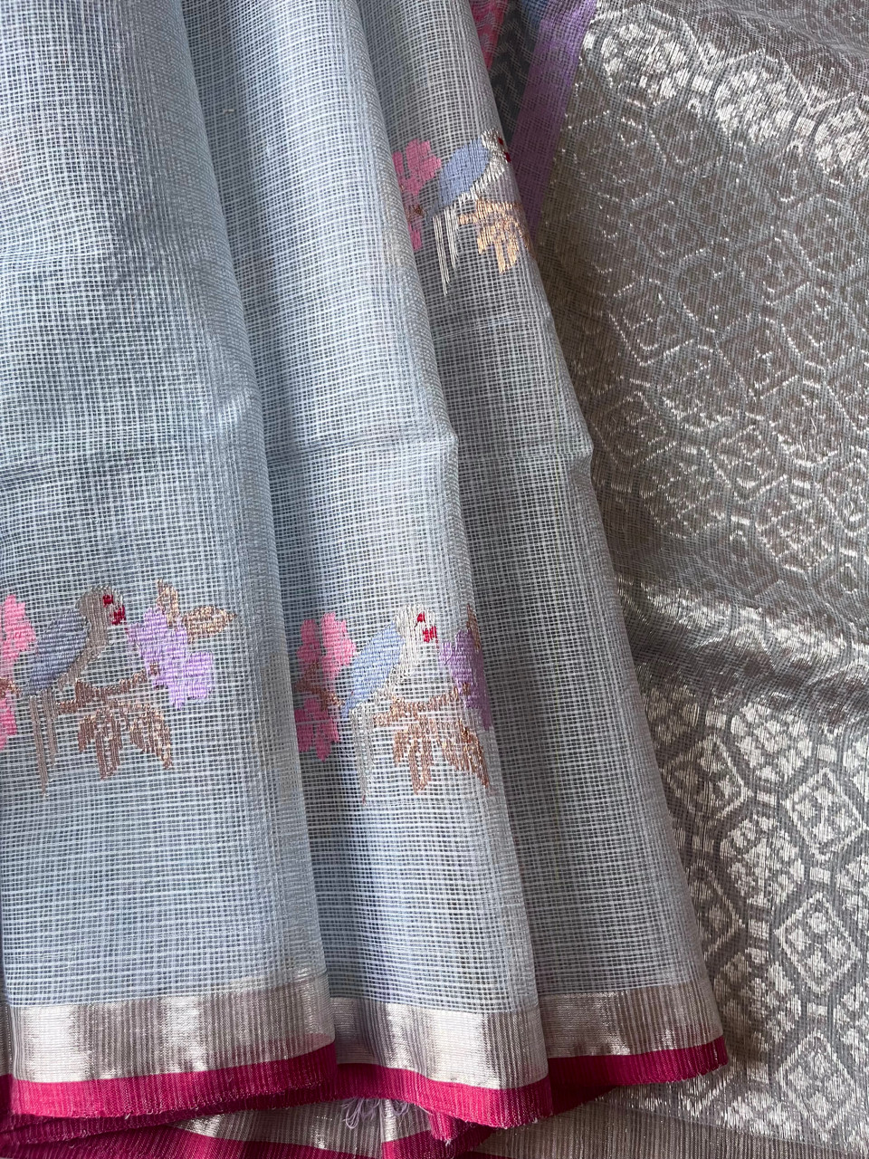 Kota Doria cotton-silk handloom saree with silver zari