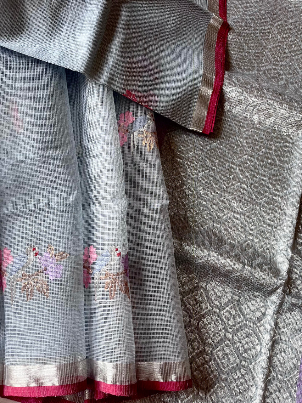 Kota Doria cotton-silk handloom saree with silver zari