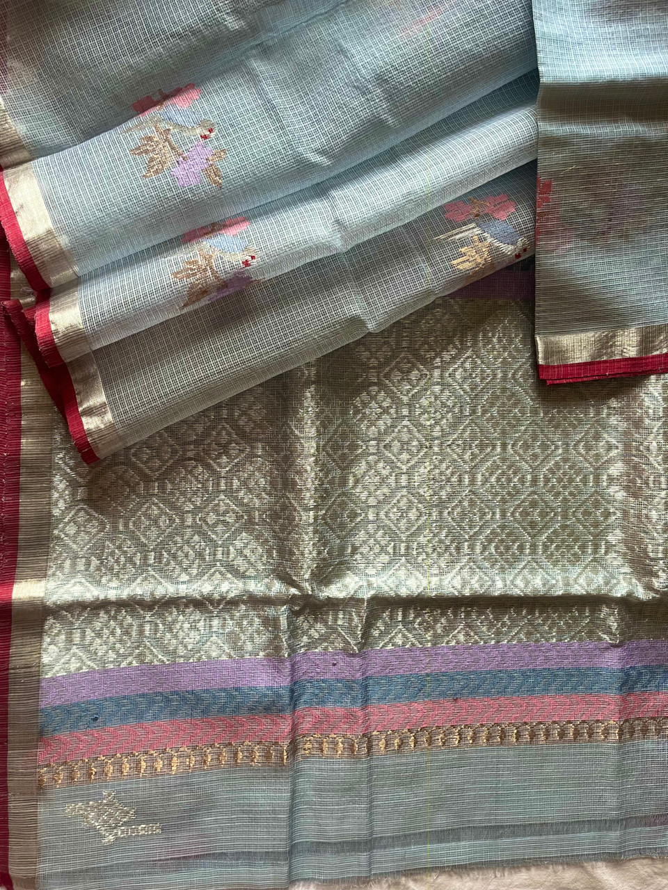 Kota Doria cotton-silk handloom saree with silver zari