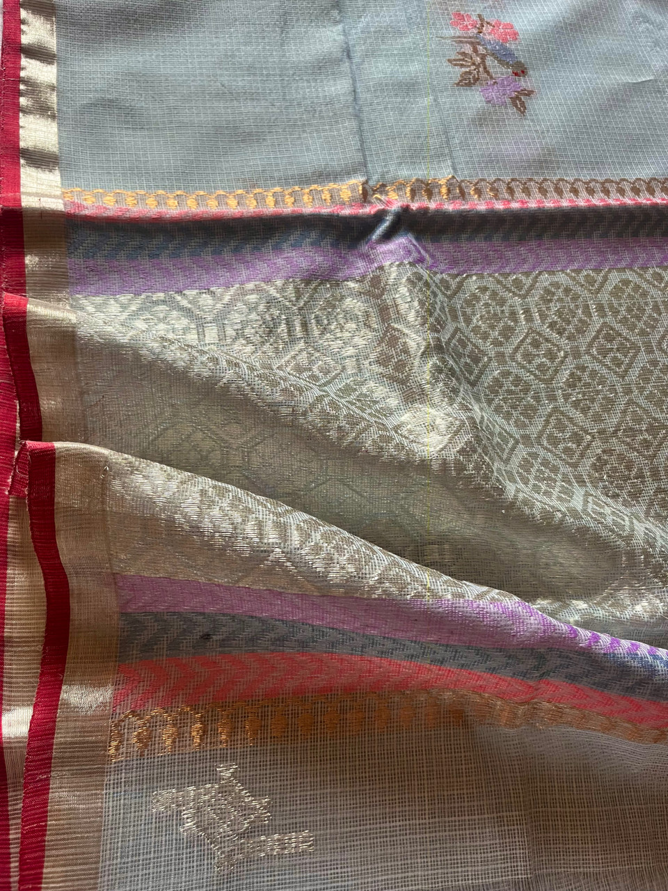 Kota Doria cotton-silk handloom saree with silver zari