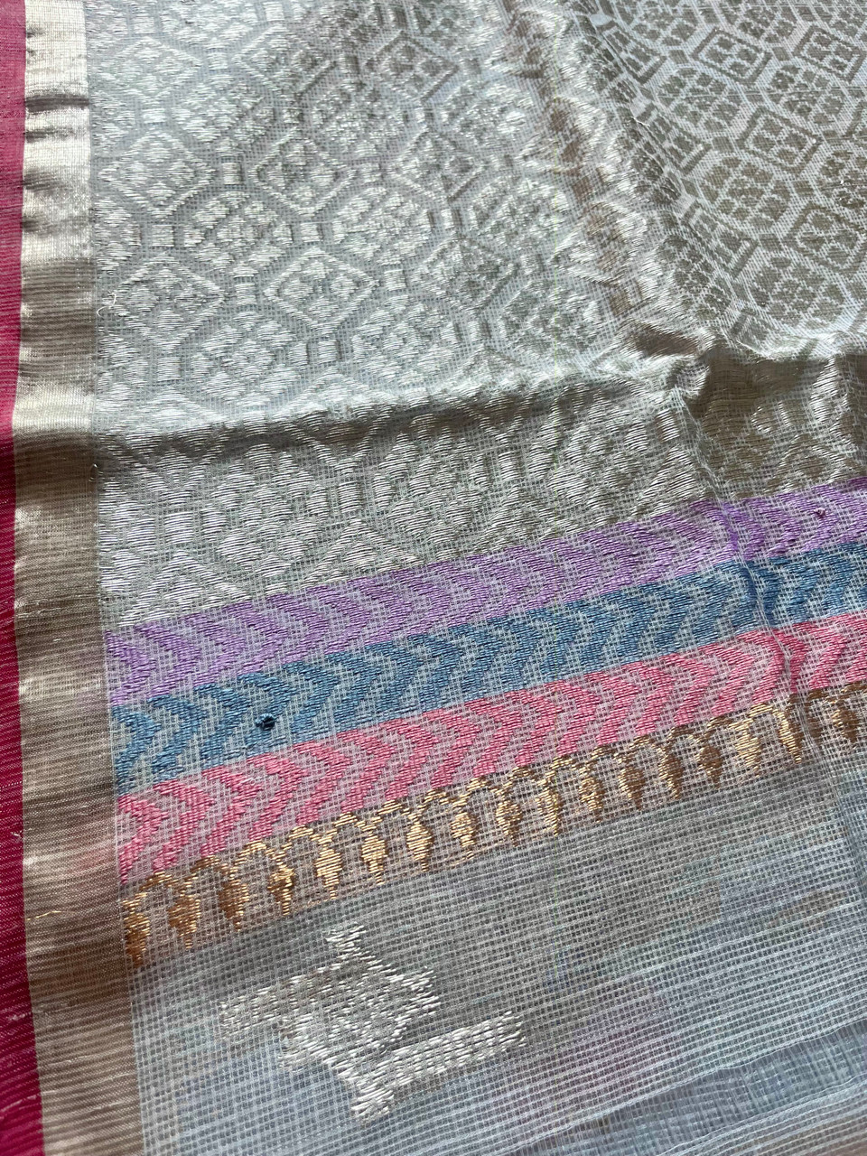 Kota Doria cotton-silk handloom saree with silver zari