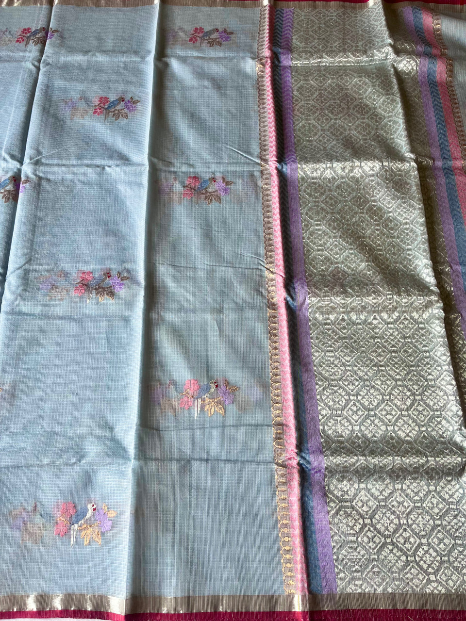 Kota Doria cotton-silk handloom saree with silver zari
