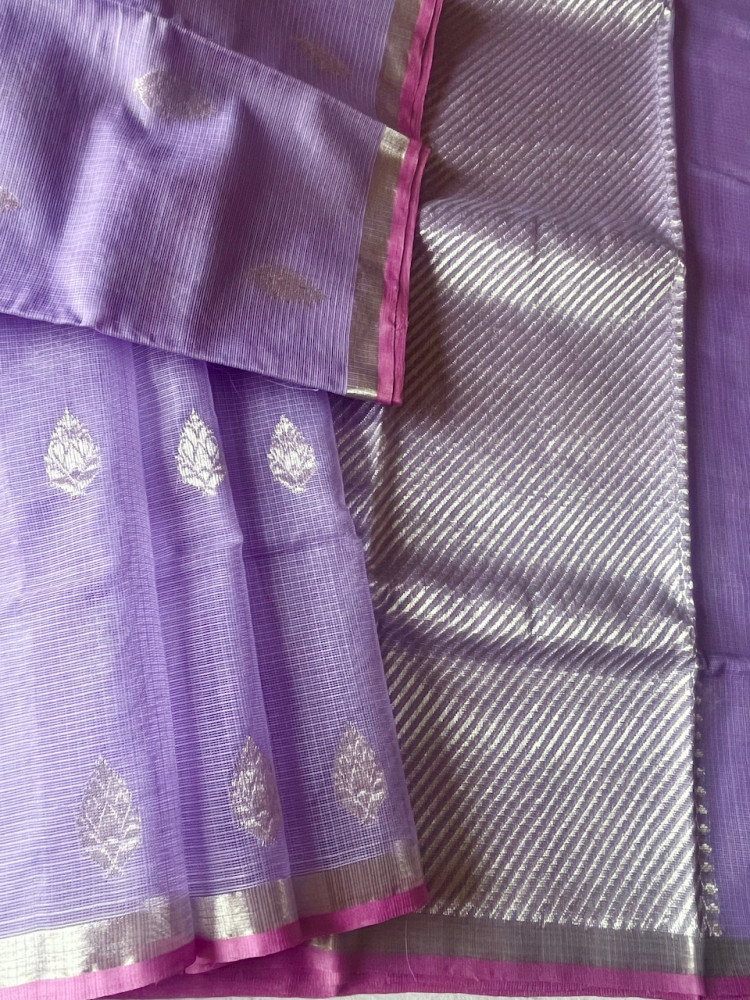 Image of Kota Doria cotton-silk handloom saree, with silver zari