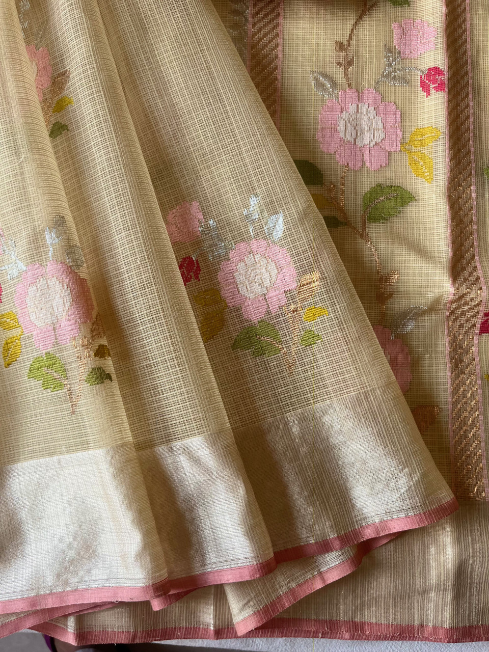 Kota Doria cotton-silk handloom saree with silver zari