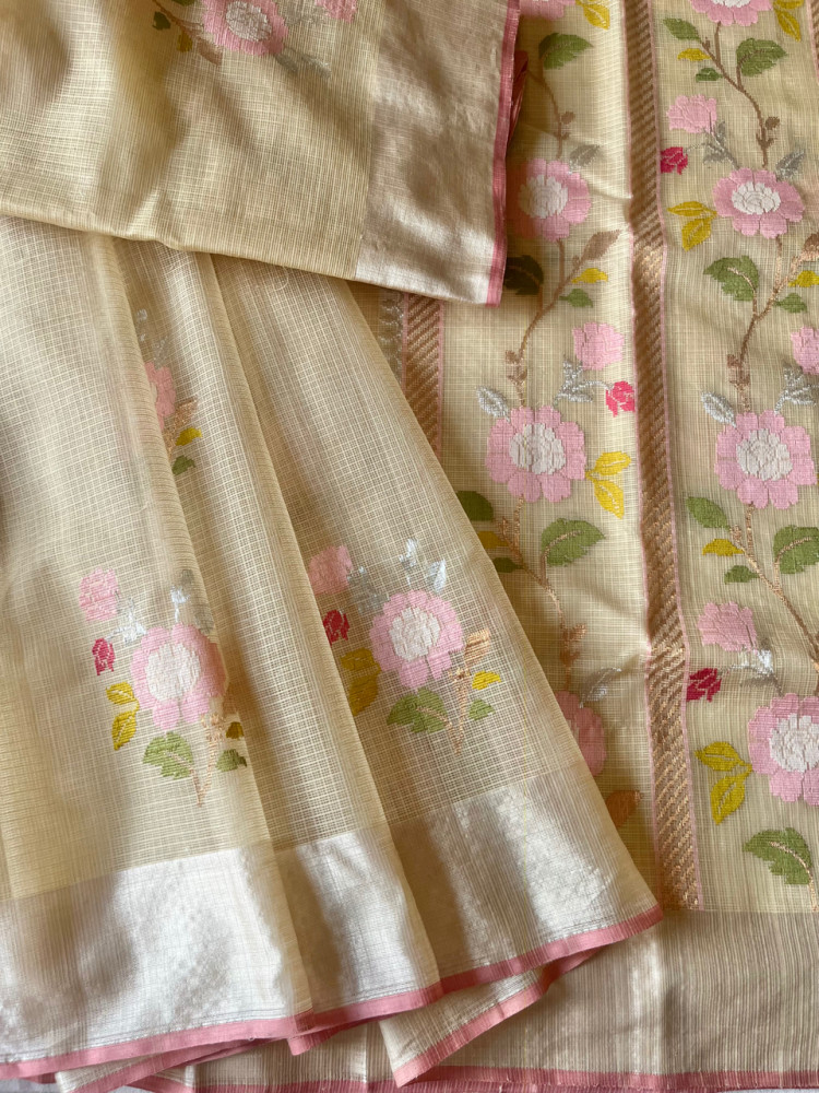 Image of Kota Doria cotton-silk handloom saree, with silver zari