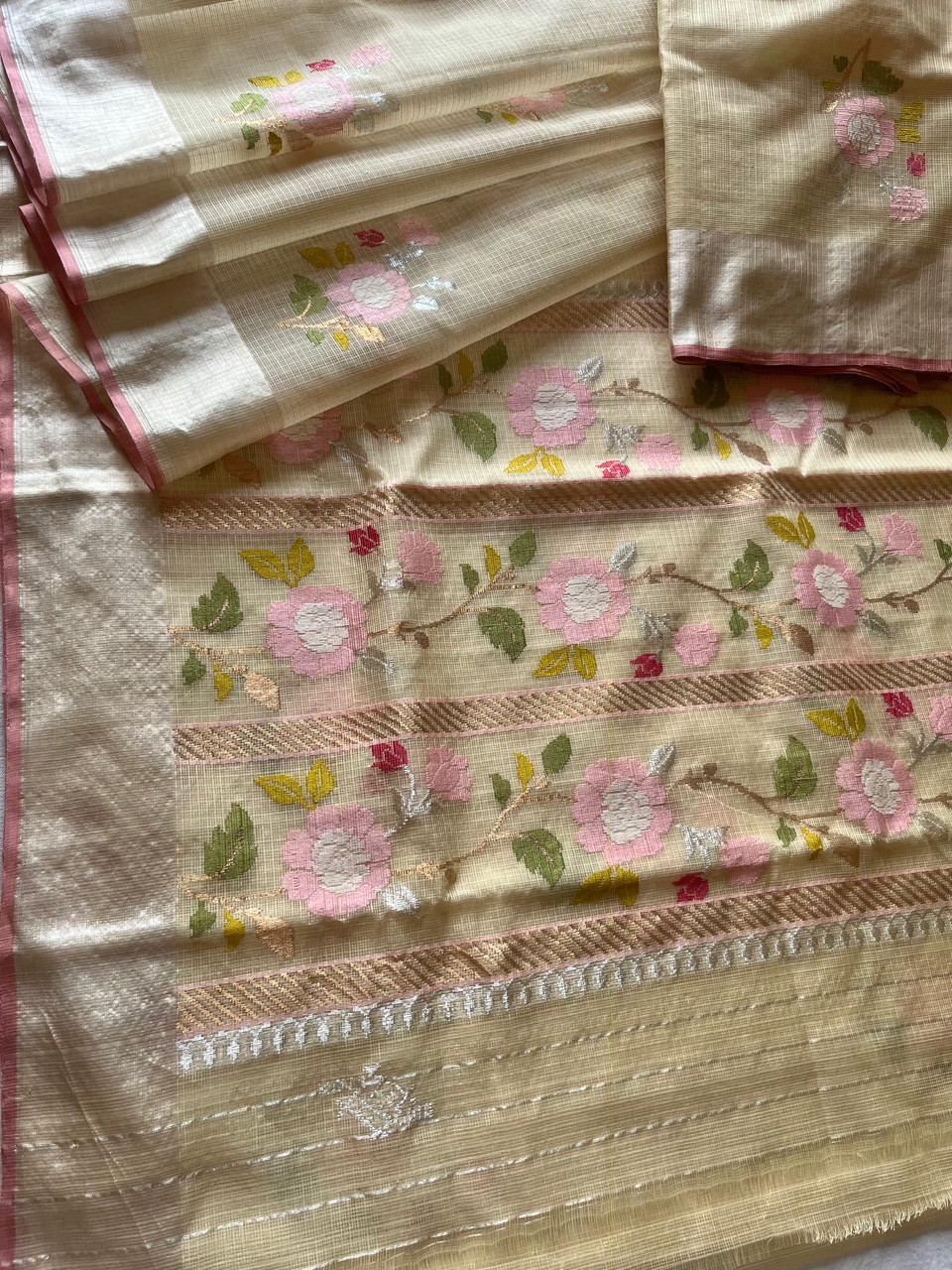 Kota Doria cotton-silk handloom saree with silver zari